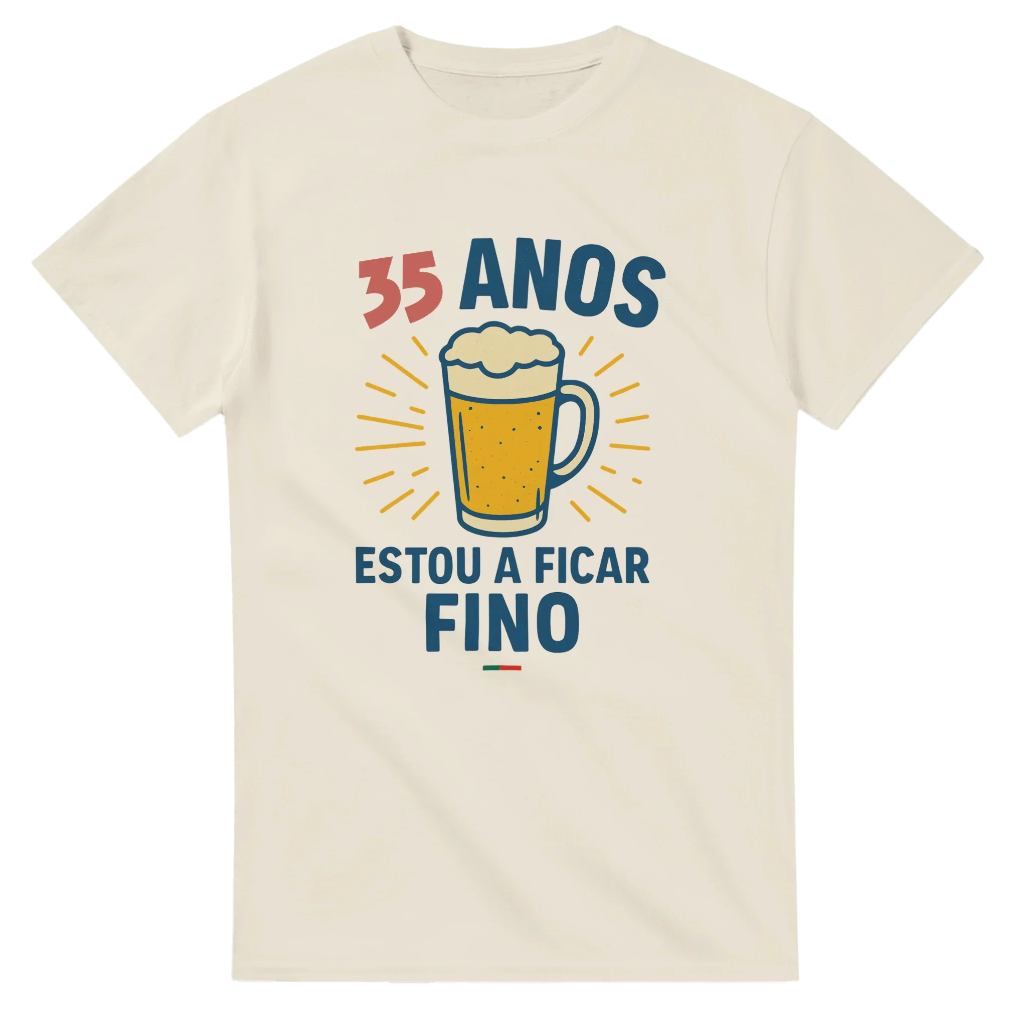 Portuguese birthday t-shirt with beer illustration and “35 anos” humorous design