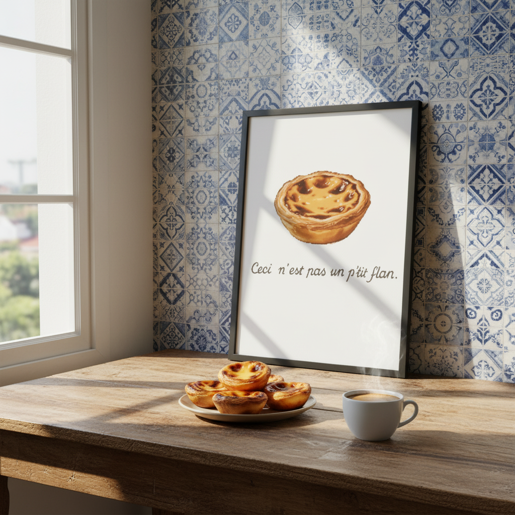 Framed Portuguese humor poster featuring a pastel de nata illustration, displayed on a wooden table with coffee