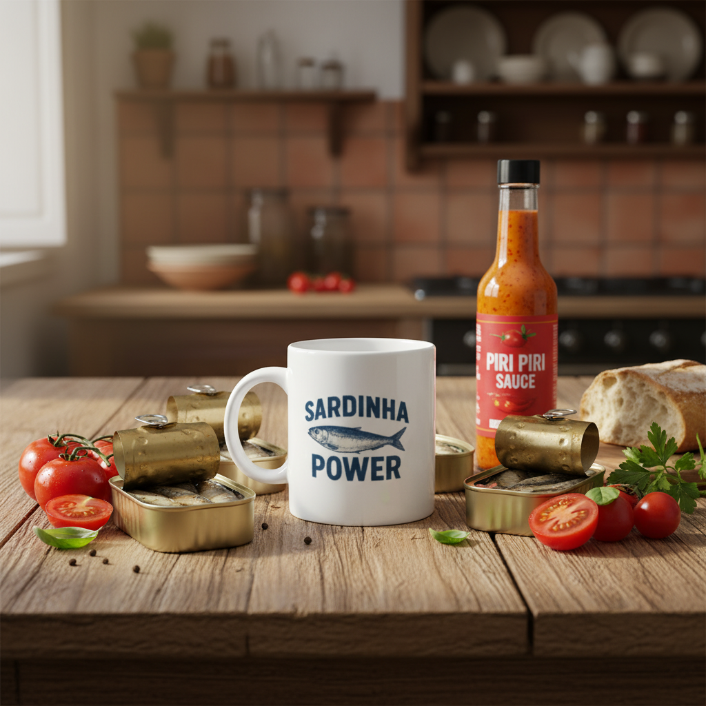 White ceramic mug featuring “Sardinha Power” text and a Portuguese sardine illustration, humorous Portuguese gift