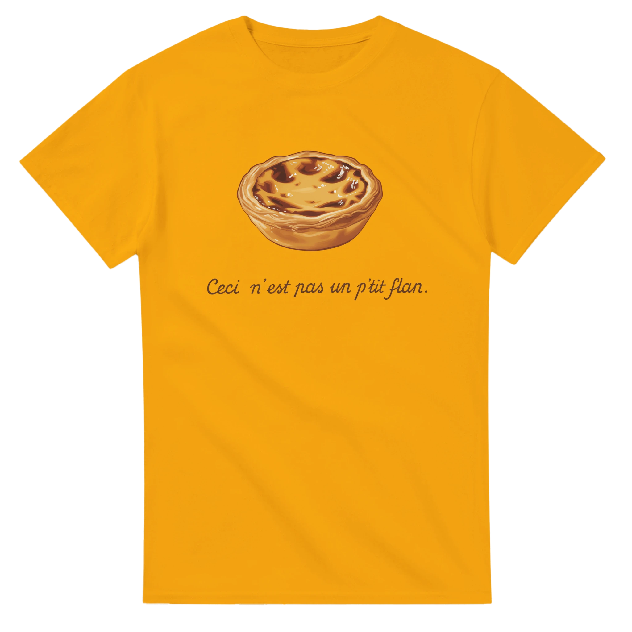 Portuguese pastel de nata illustration T-shirt with text “Ceci n’est pas un p’tit flan”
