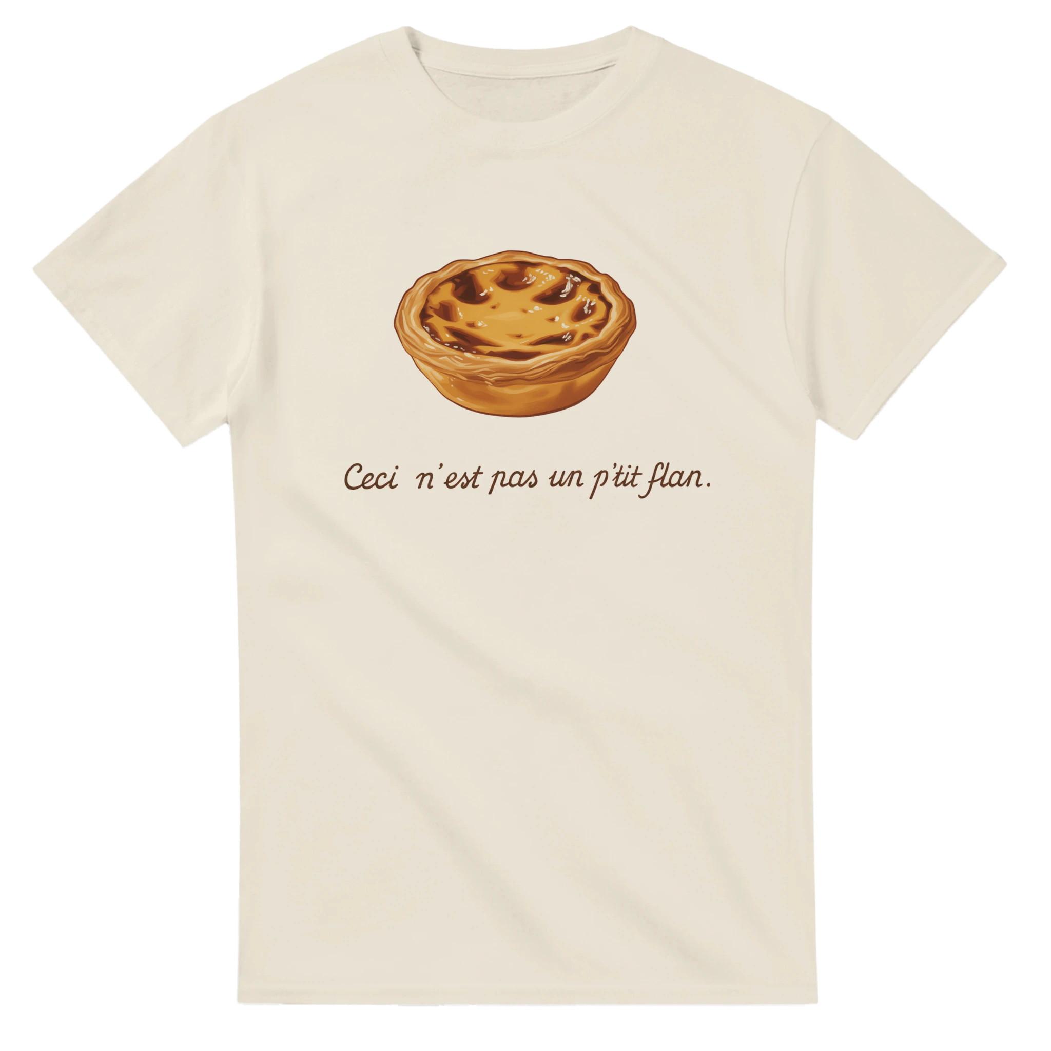 Portuguese pastel de nata illustration T-shirt with text “Ceci n’est pas un p’tit flan”

