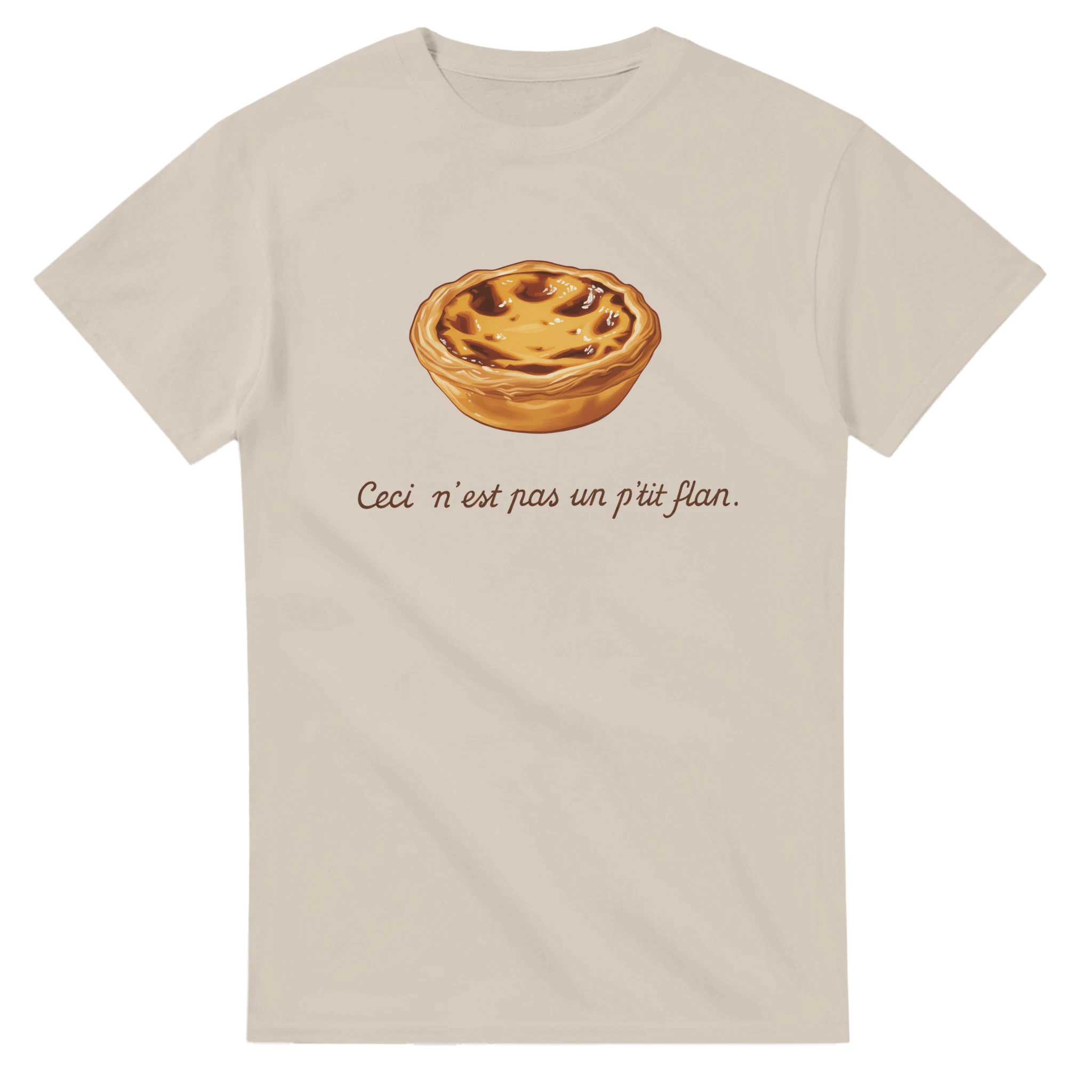 Portuguese pastel de nata illustration T-shirt with text “Ceci n’est pas un p’tit flan”
