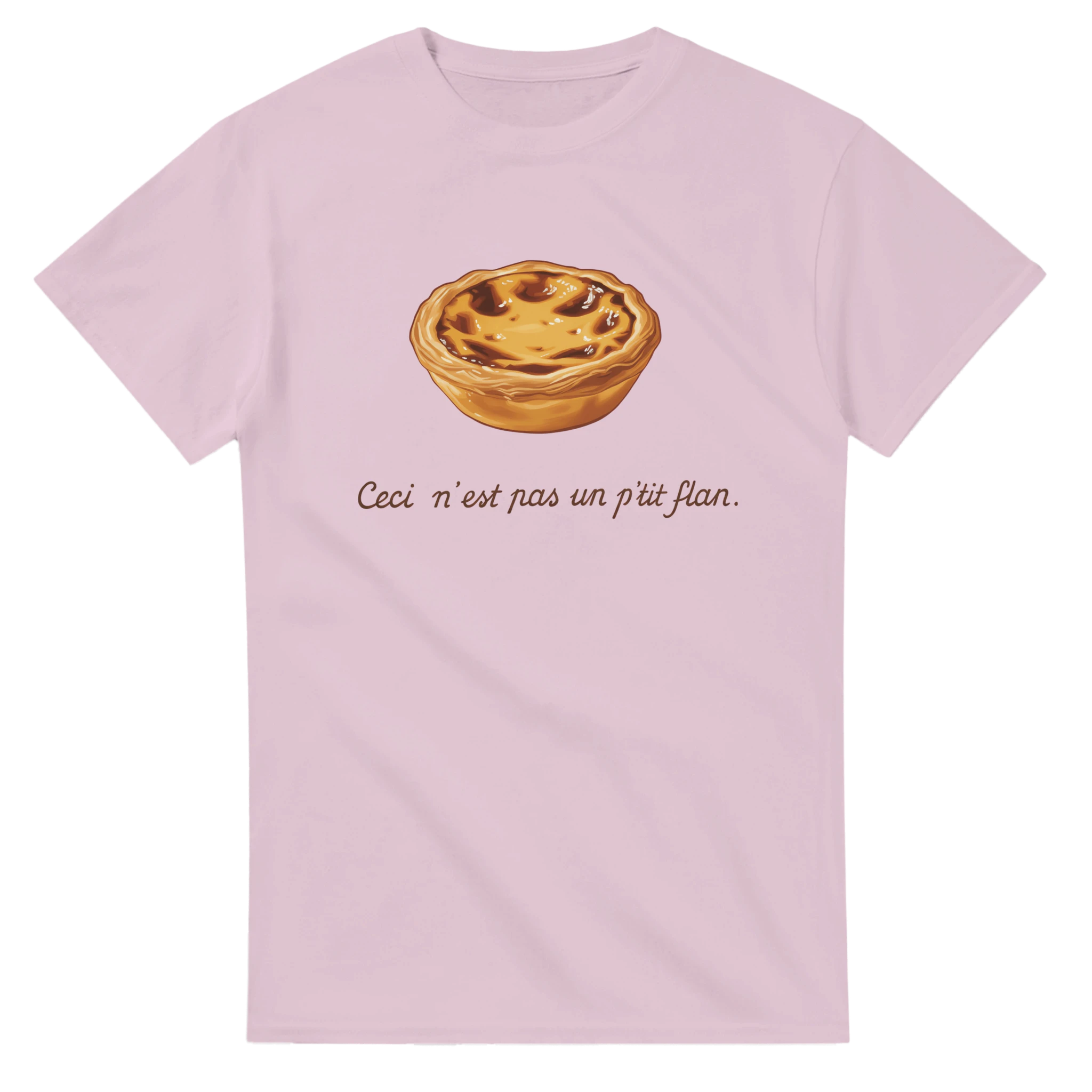 Portuguese pastel de nata illustration T-shirt with text “Ceci n’est pas un p’tit flan”
