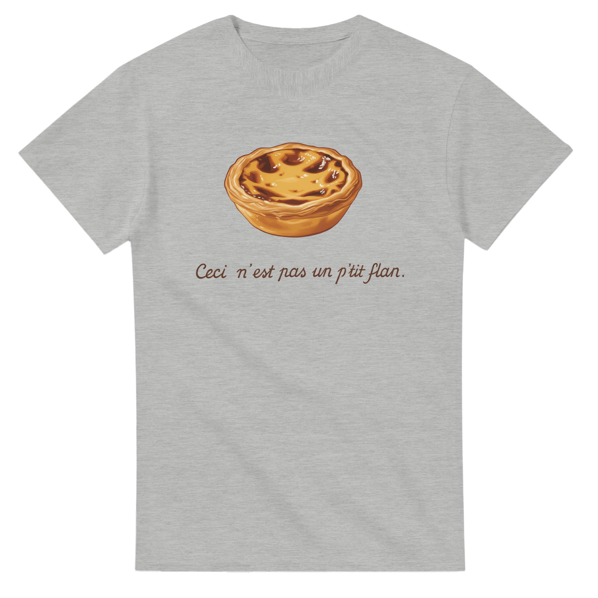 Portuguese pastel de nata illustration T-shirt with text “Ceci n’est pas un p’tit flan”
