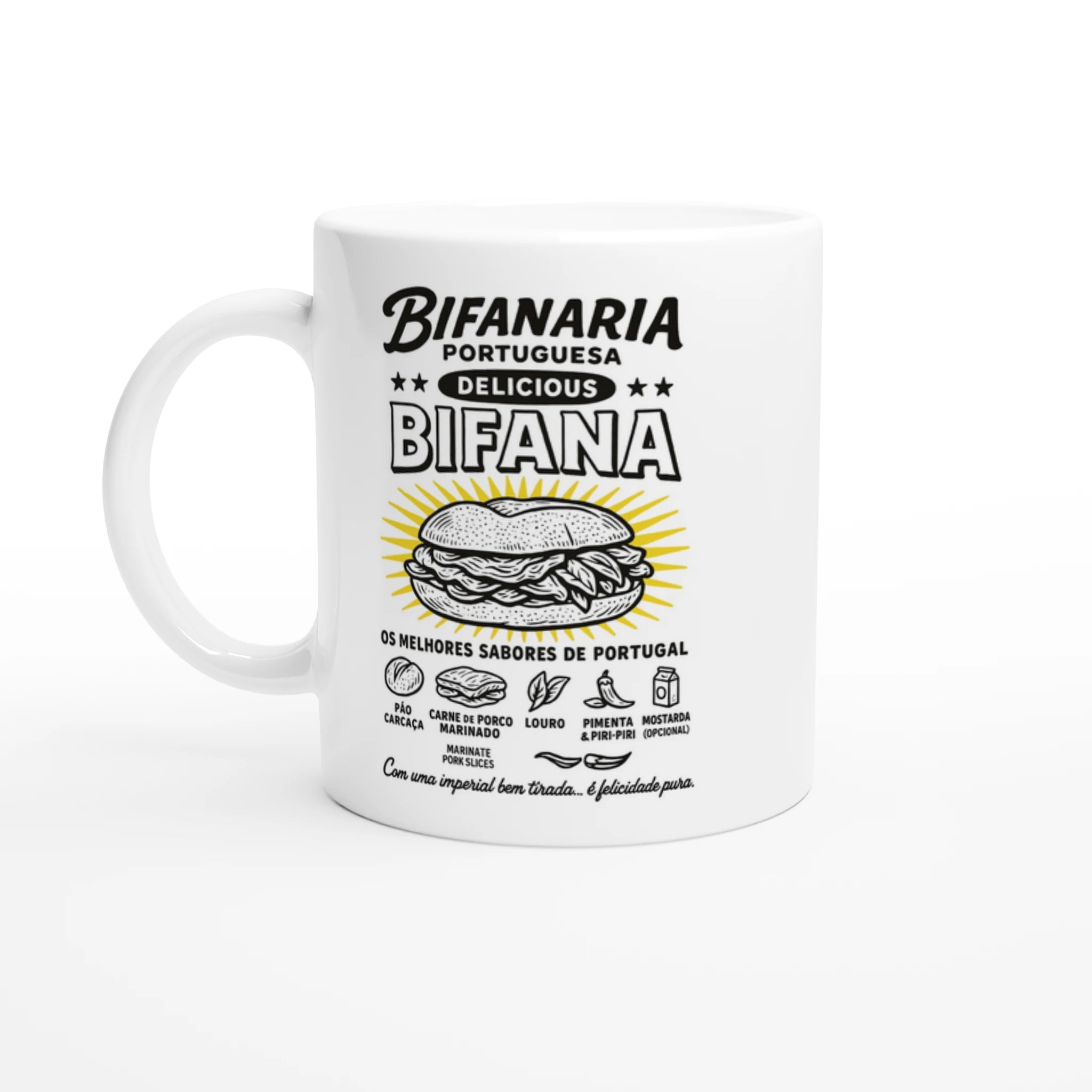 White ceramic mug with vintage Portuguese bifana sandwich illustration and retro typography
