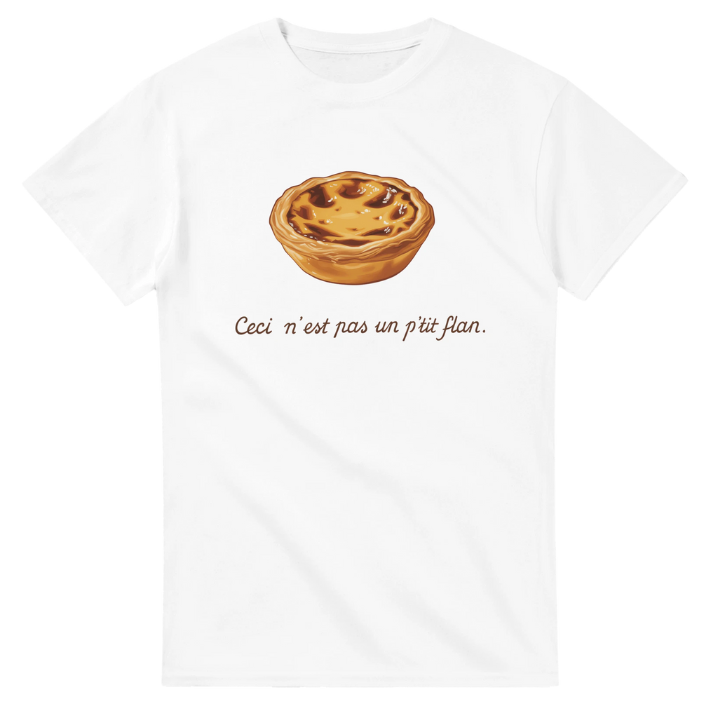 Portuguese pastel de nata illustration T-shirt with text “Ceci n’est pas un p’tit flan”
