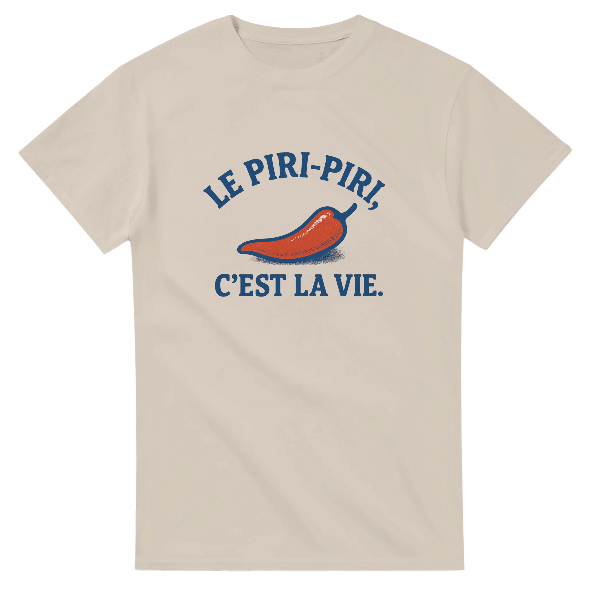 t shirt humour Portugal Le piripiri c est la vie , red pepper on beige t shirt saying le piri-piri c est la vie