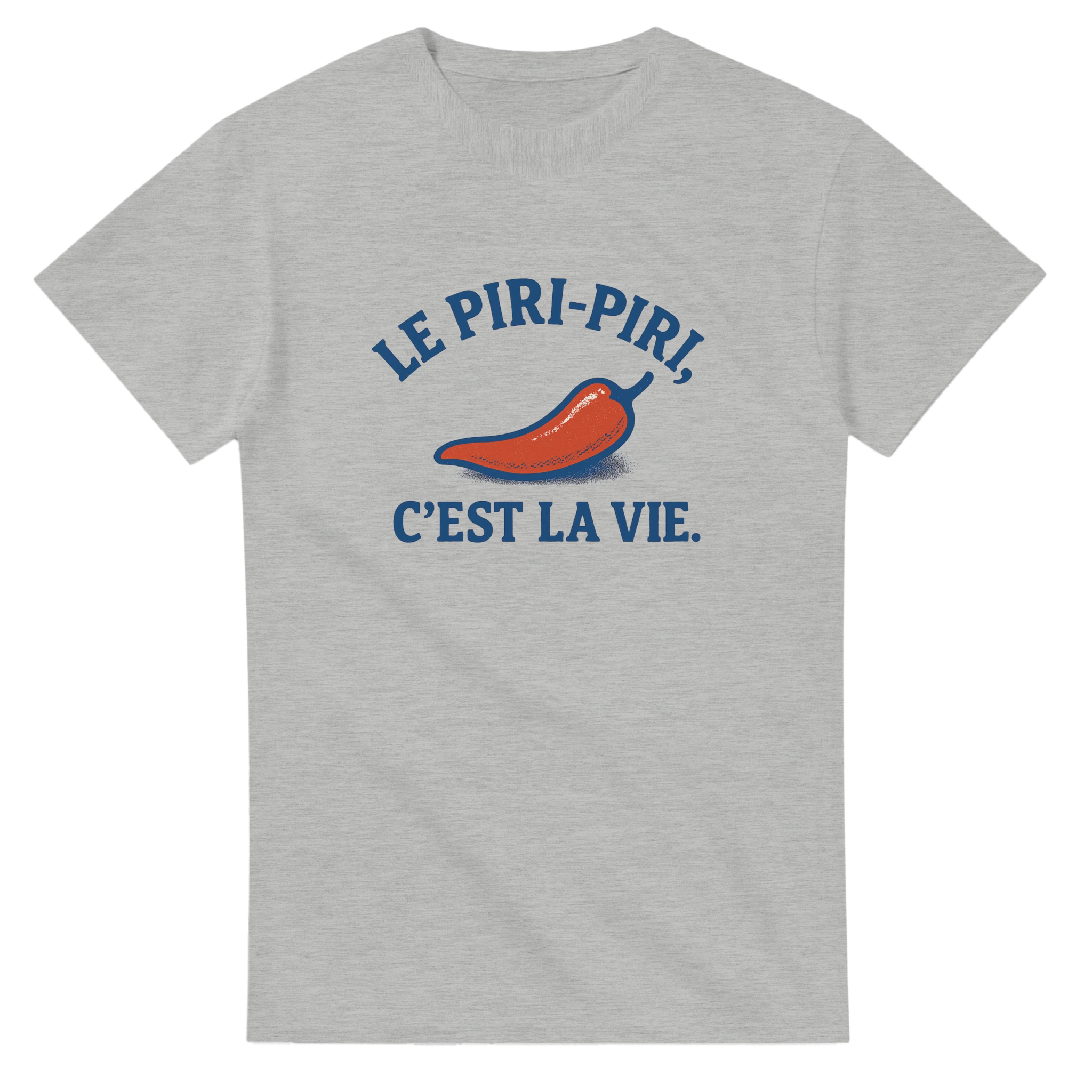 t shirt humour Portugal Le piripiri c est la vie , red pepper on grey t shirt saying le piri-piri c est la vie
